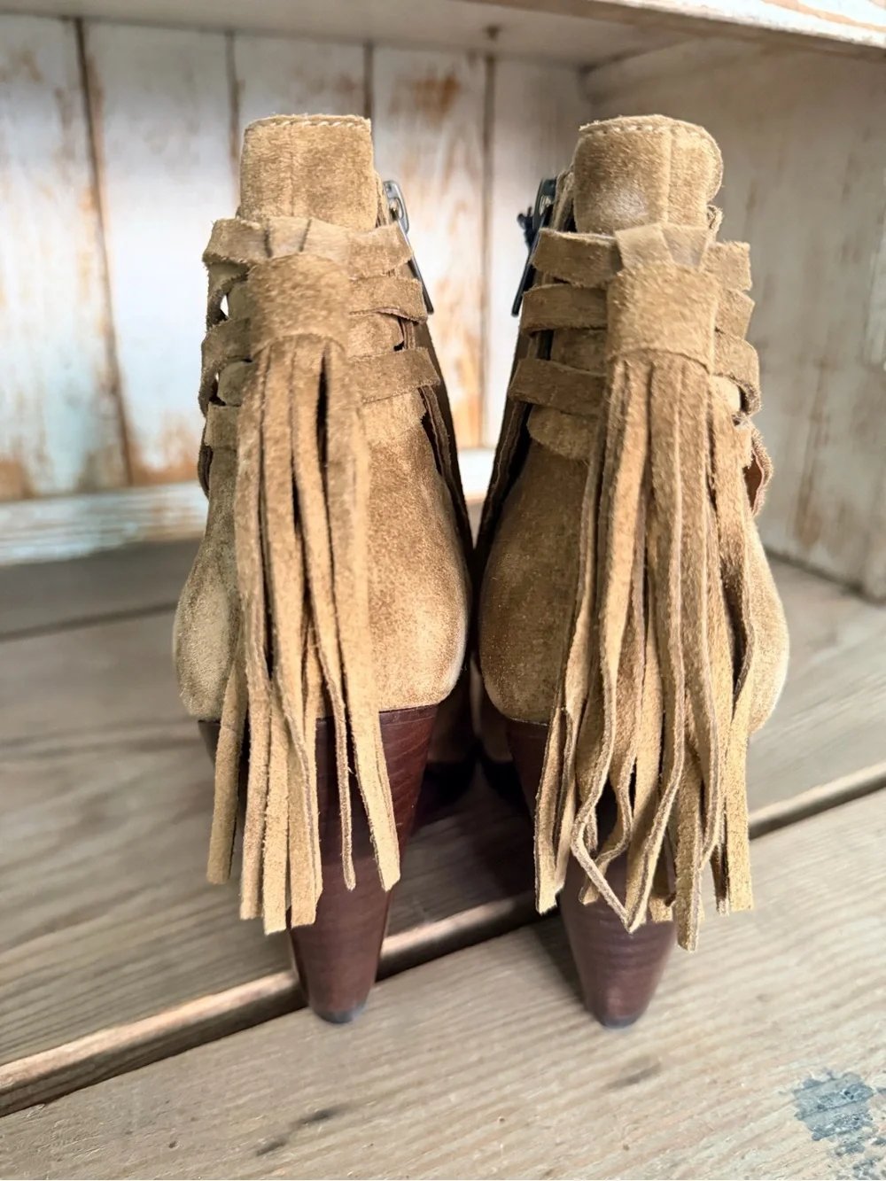 Frye Cece Tassel Suede Wedge Ankle Boots in Cognac Size 7.5